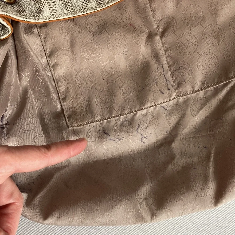 Michael Kors Beige Monogram Satchel with Tan Leather Trim